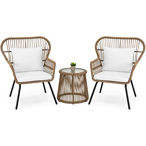 Barton 3 Pieces Bistro Chair Set w/Glass Table Beige Outdoor Patio Furniture Wicker Rattan Modern Conversation Chat Seating