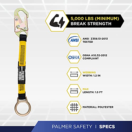 Palmer Safety 18" D-Ring Extender Fall Protection with 3/4" Snap Hook and D-Ring, Polyester Webbing with Chafe Guard, OSHA/ANSI Compliant