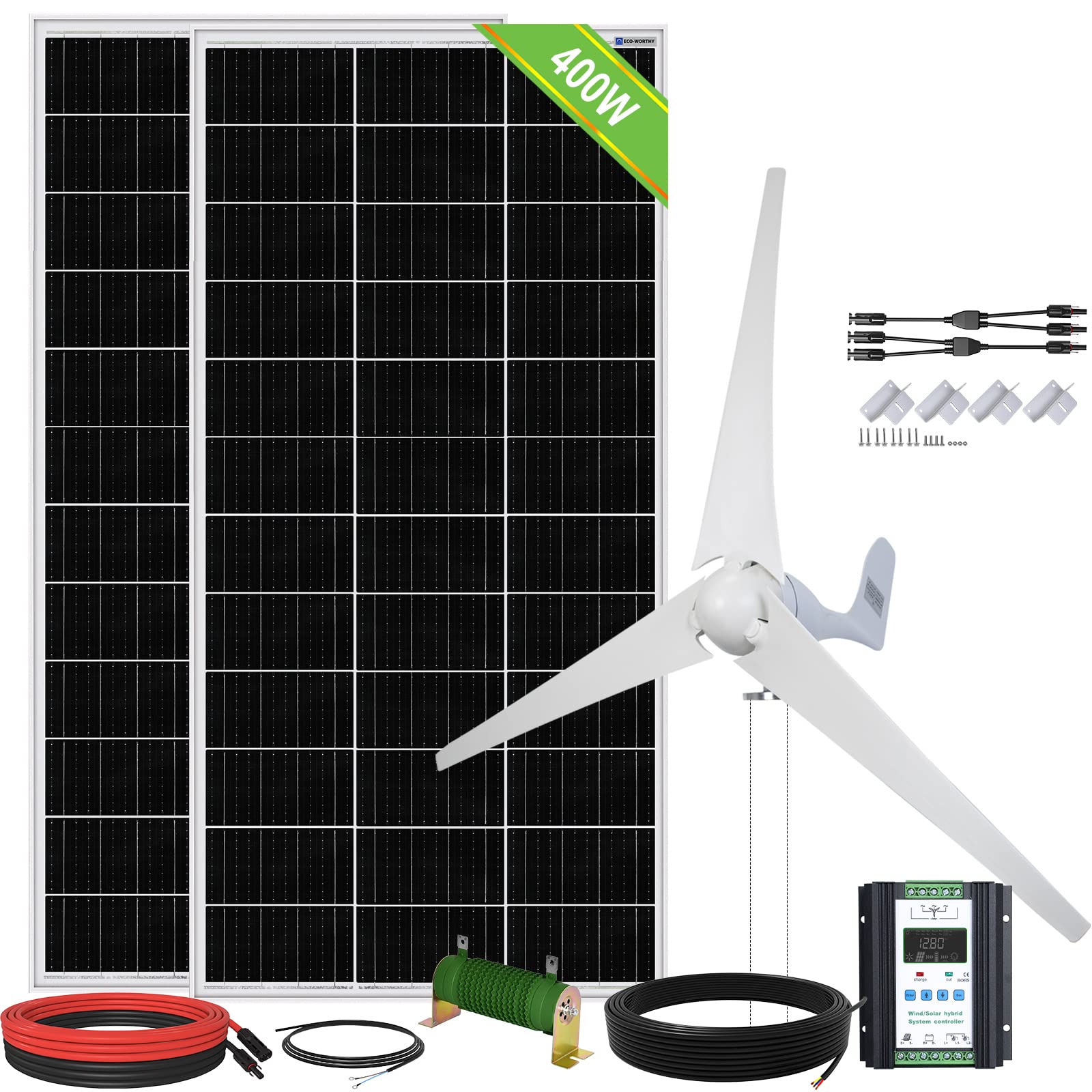 ECO-WORTHY 800W Solar Wind Power Kit: 1x 400W Wind Turbine Generator with Hybrid Controller + 2X 195W Mono Solar Panel for Home/RV/Boat/Farm/Street Light and Off-Grid Appliances