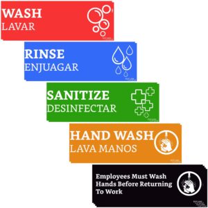 wash rinse sanitize sink labels signs with wash hands sign (12 labels - 2 full sets 7.3 x 2.5 in) - ideal for restaurant sinks, 3 compartment sink, food trucks, commercial kitchens & more