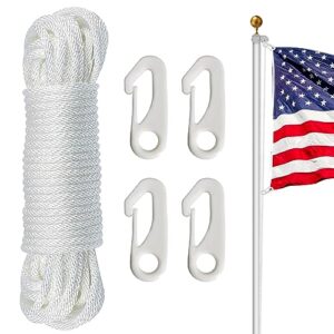 nq flag pole rope kit - 50 feet x 1/4" diameter flag pole halyard nylon rope with 4 pieces flag pole hook clips - outdoor flagpole accessories, rope for clothesline, swing, camping (50ft, white)