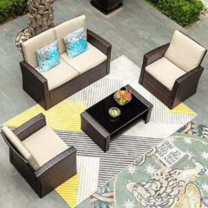 yitahome 5 piece patio furniture sets, all-weather outdoor patio conversation set, pe rattan wicker small sectional patio sofa set with table, brown