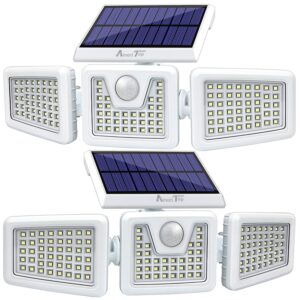ameritop solar lights outdoor -2 pack, 800lm 128 led 6500k motion sensor lights cordless ; 3 adjustable heads, 270° wide angle illumination, ip65 waterproof, security led flood light (daylight)
