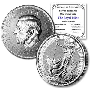 2023 1 oz british silver britannia coin (king charles iii) by the royal mint brilliant uncirculated with certificate of authenticity £2 bu