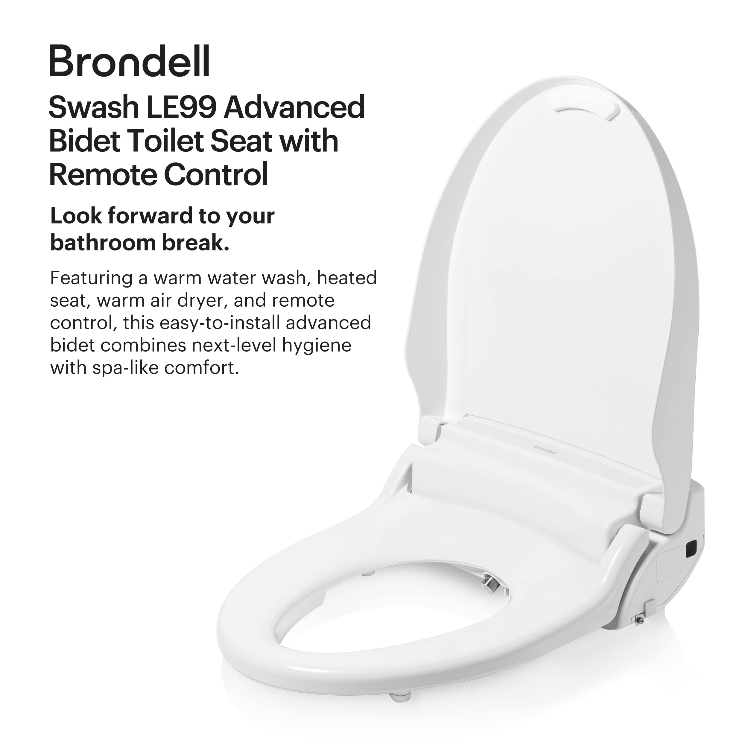 Brondell LE99 Swash Electronic Bidet Seat, Fits Elongated Toilets, White – Lite-Touch Remote, Warm Air Dryer, Strong Wash Mode, Stainless-Steel Nozzle, Saved User Settings & Easy Installation