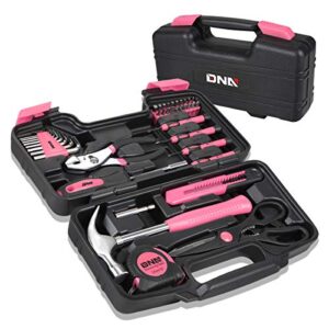 dna motoring 39-piece household tool set general repair small hand tool kit storage case for home garage office college dormitory use, pink, tools-00009