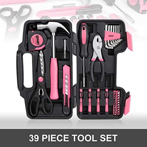 DNA MOTORING 39-Piece Household Tool Set General Repair Small Hand Tool Kit Storage Case for Home Garage Office College Dormitory Use, Pink, TOOLS-00009