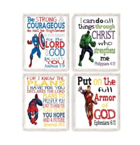 superhero christian nursery set of 4 unframed prints - captain america, hulk, ironman and spiderman with bible verses