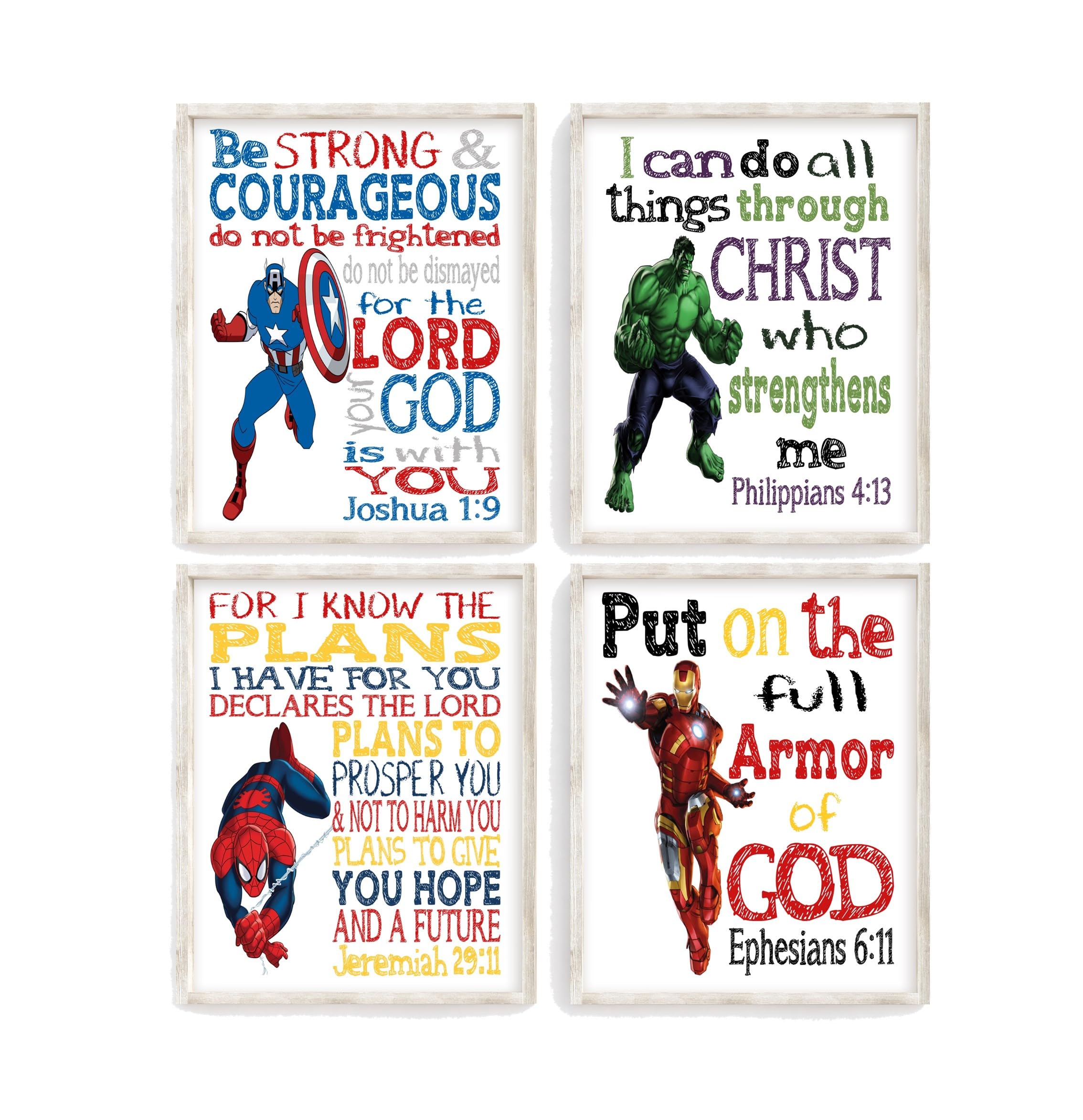 Superhero Christian Nursery Set of 4 Unframed Prints - Captain America, Hulk, Ironman and Spiderman with Bible Verses