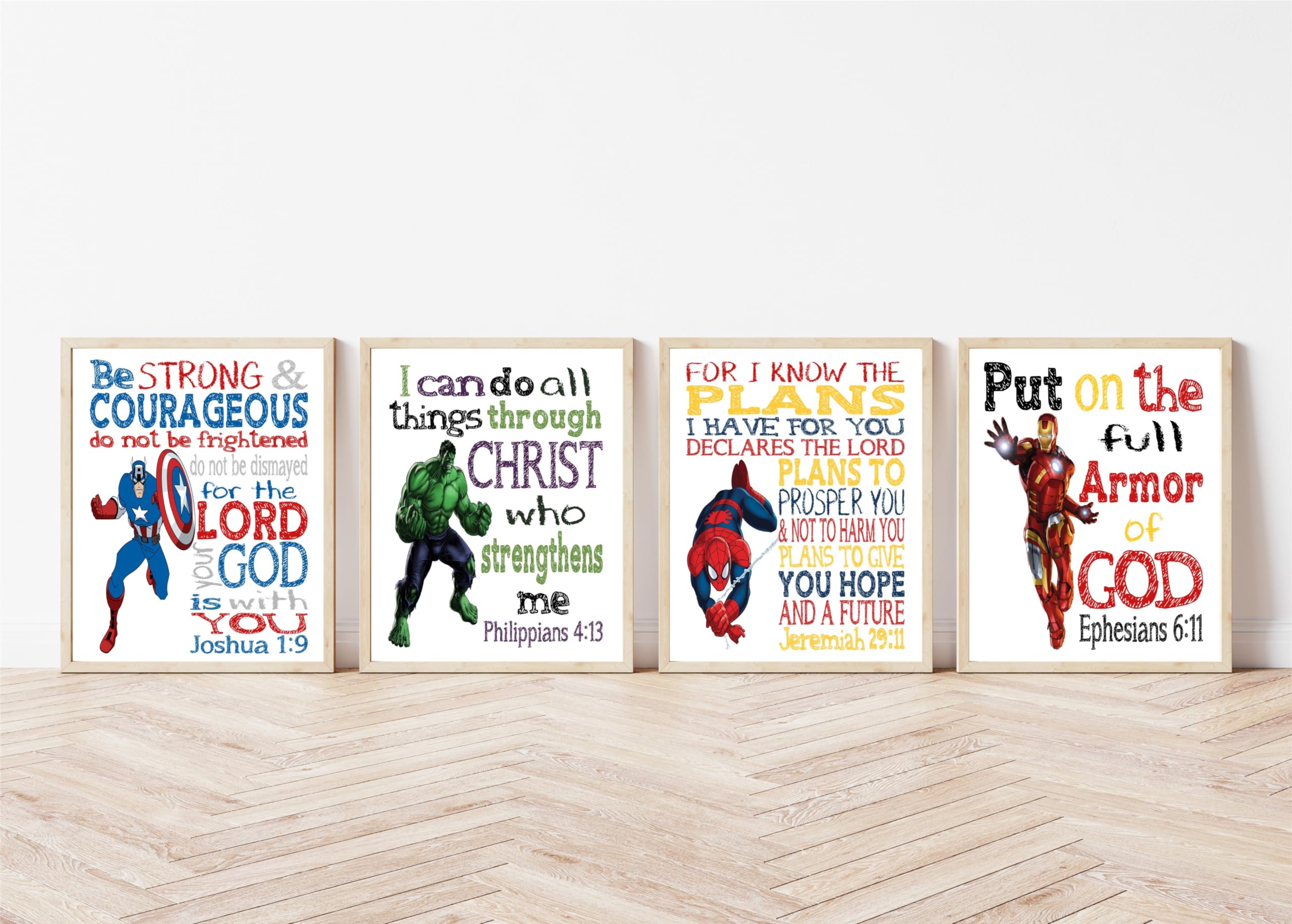 Superhero Christian Nursery Set of 4 Unframed Prints - Captain America, Hulk, Ironman and Spiderman with Bible Verses