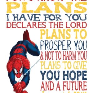 Superhero Christian Nursery Set of 4 Unframed Prints - Captain America, Hulk, Ironman and Spiderman with Bible Verses