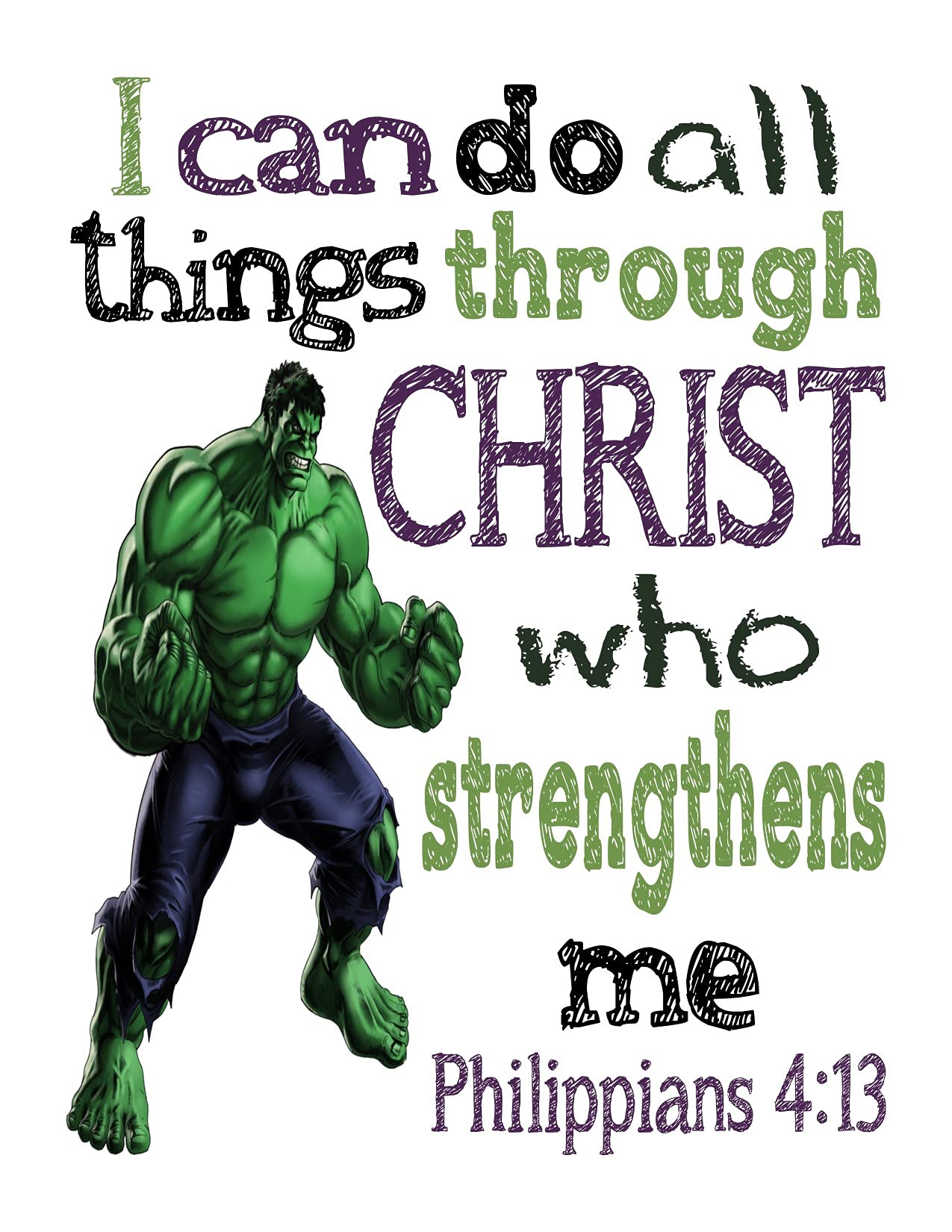 Superhero Christian Nursery Set of 4 Unframed Prints - Captain America, Hulk, Ironman and Spiderman with Bible Verses