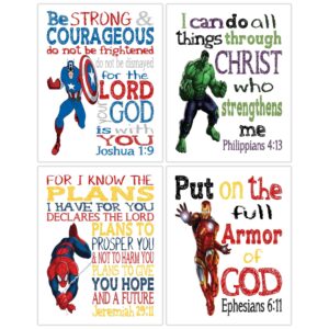 Superhero Christian Nursery Set of 4 Unframed Prints - Captain America, Hulk, Ironman and Spiderman with Bible Verses