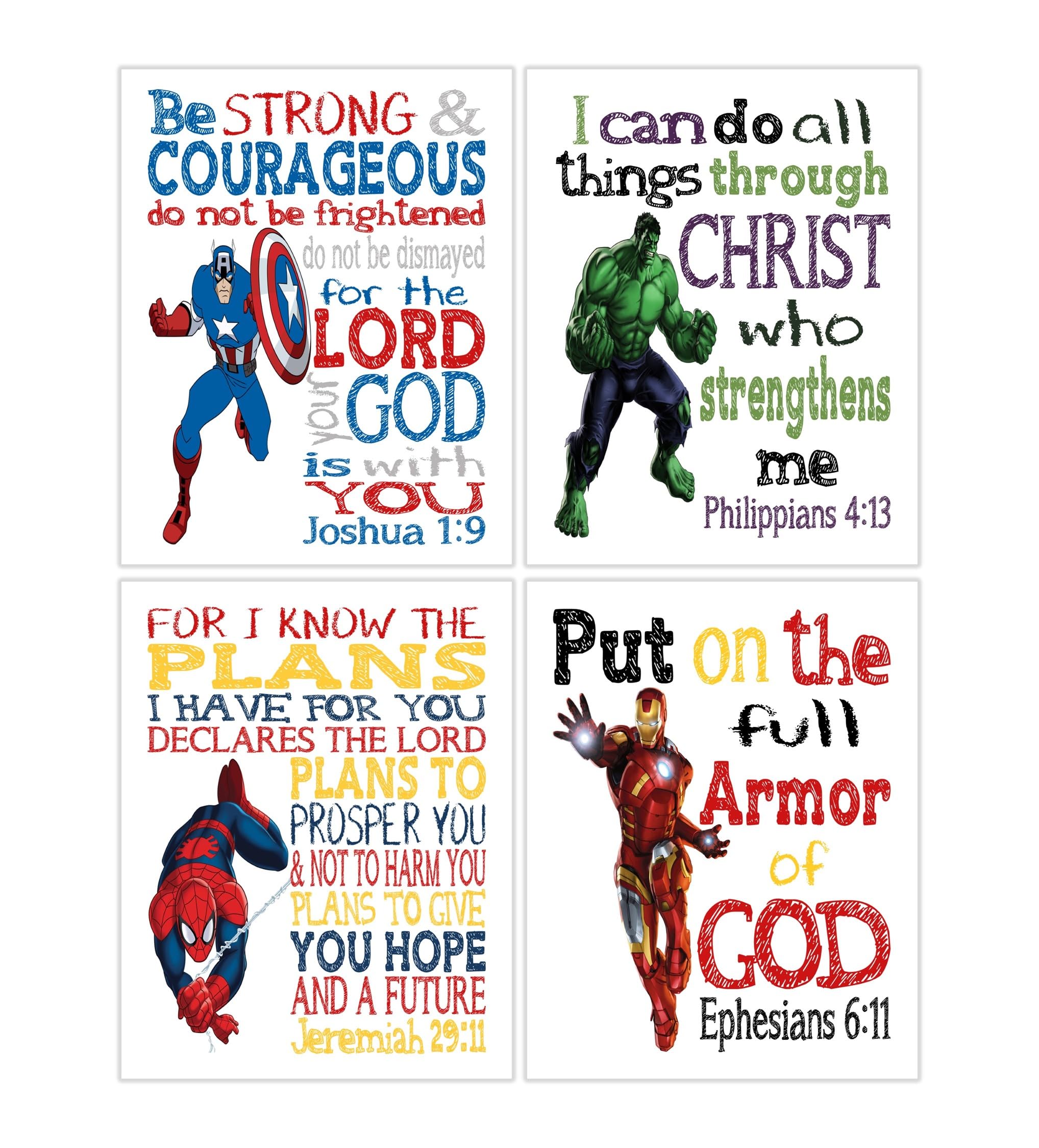 Superhero Christian Nursery Set of 4 Unframed Prints - Captain America, Hulk, Ironman and Spiderman with Bible Verses