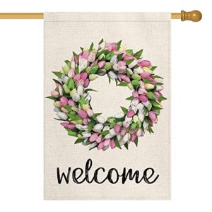 avoin colorlife welcome tulips and lily wreath house flag double sided, seasonal spring easter mother's day yard outdoor flag 28 x 40 inch