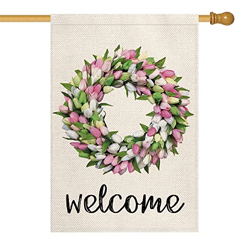 AVOIN colorlife Welcome Tulips and Lily Wreath House Flag Double Sided, Seasonal Spring Easter Mother's Day Yard Outdoor Flag 28 x 40 Inch