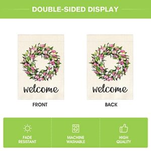 AVOIN colorlife Welcome Tulips and Lily Wreath House Flag Double Sided, Seasonal Spring Easter Mother's Day Yard Outdoor Flag 28 x 40 Inch