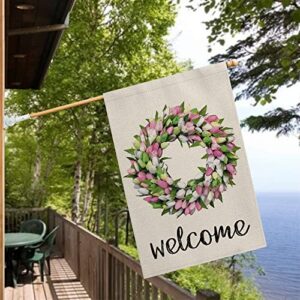 AVOIN colorlife Welcome Tulips and Lily Wreath House Flag Double Sided, Seasonal Spring Easter Mother's Day Yard Outdoor Flag 28 x 40 Inch