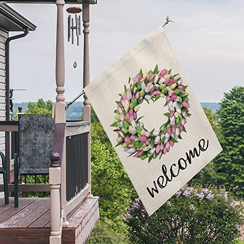 AVOIN colorlife Welcome Tulips and Lily Wreath House Flag Double Sided, Seasonal Spring Easter Mother's Day Yard Outdoor Flag 28 x 40 Inch