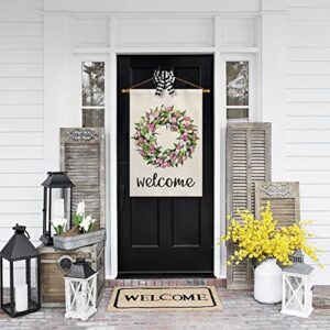 AVOIN colorlife Welcome Tulips and Lily Wreath House Flag Double Sided, Seasonal Spring Easter Mother's Day Yard Outdoor Flag 28 x 40 Inch