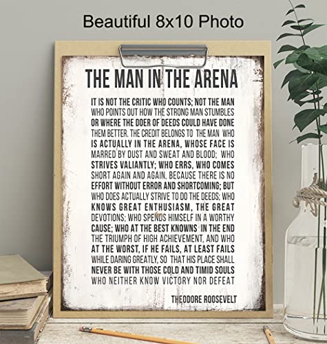 Teddy Roosevelt Man in the Arena Inspirational Quote Wall Art Print - Rustic 8x10 Sign Poster Photo - Home, Dorm, Office Decor - Motivational Gift for Entrepreneur, Graduation, Student - Unframed