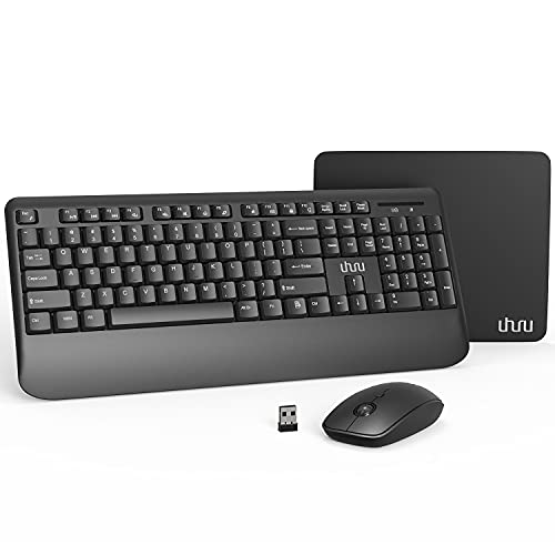 Wireless Keyboard and Mouse Combo, UHURU 2.4GHz Ergonomic Computer Keyboard with Wrist Rest, 3 Level Adjustable DPI Mouse with Mouse Pad for PC, Laptop, Windows XP/7/8/10(Black)