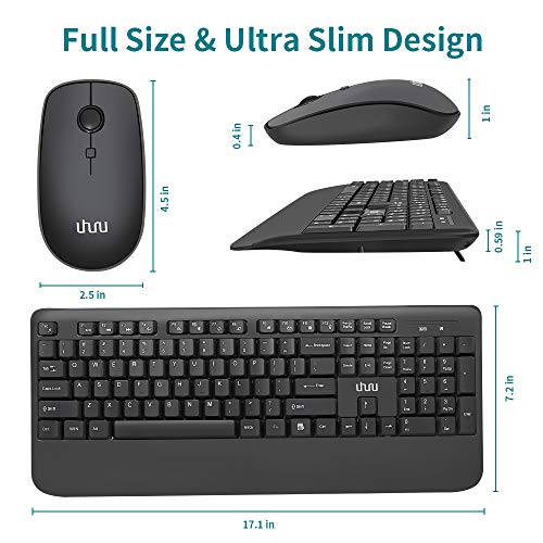 Wireless Keyboard and Mouse Combo, UHURU 2.4GHz Ergonomic Computer Keyboard with Wrist Rest, 3 Level Adjustable DPI Mouse with Mouse Pad for PC, Laptop, Windows XP/7/8/10(Black)