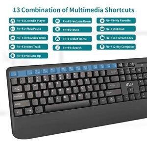 Wireless Keyboard and Mouse Combo, UHURU 2.4GHz Ergonomic Computer Keyboard with Wrist Rest, 3 Level Adjustable DPI Mouse with Mouse Pad for PC, Laptop, Windows XP/7/8/10(Black)