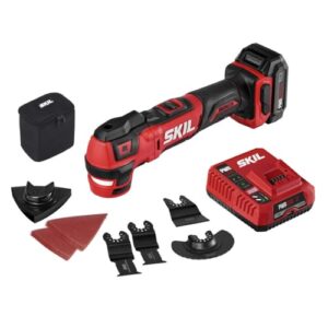 skil pwrcore 12 brushless 12v oscillating tool kit with 40pcs accessories, includes 2.0ah lithium battery and pwrjump charger - os592702, red