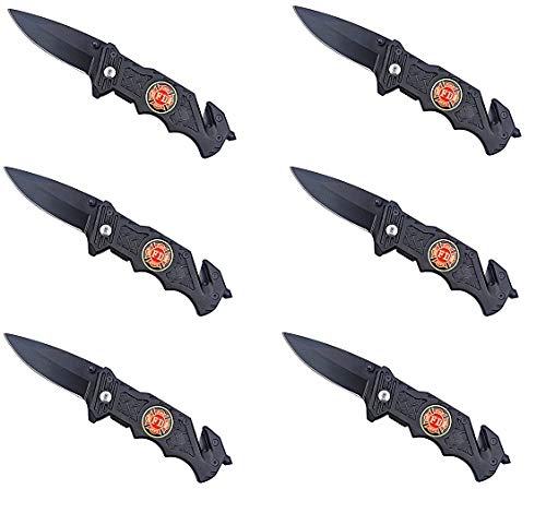 Barton Outdoor 6.25 Inch Fire Fighter Folding Survival Knife with Inlay Fire Fighter Emblem, 6 Pack