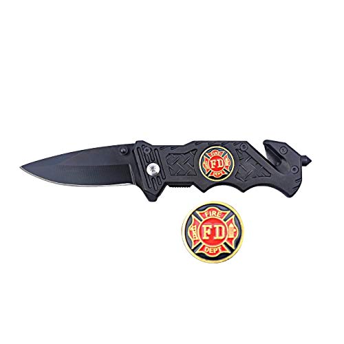 Barton Outdoor 6.25 Inch Fire Fighter Folding Survival Knife with Inlay Fire Fighter Emblem, 6 Pack