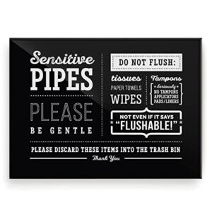 5x7 inch sensitive pipes designer bathroom sign ~ ready to stick, lean or frame ~ premium acrylic plexiglass, durable (black)