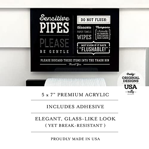 5x7 Inch Sensitive Pipes Designer Bathroom Sign ~ Ready to Stick, Lean or Frame ~ Premium Acrylic Plexiglass, Durable (Black)