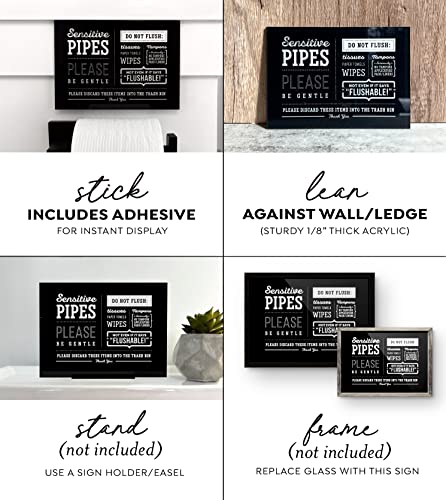 5x7 Inch Sensitive Pipes Designer Bathroom Sign ~ Ready to Stick, Lean or Frame ~ Premium Acrylic Plexiglass, Durable (Black)