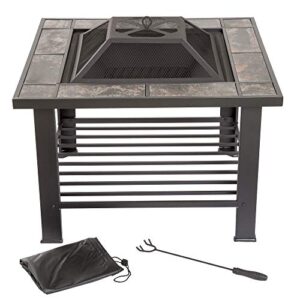pure garden 588189tmq 30" fire set, wood burning pit-includes screen, cover and log poker-for outdoor and patio, 30 inch square marble tile firepit, black