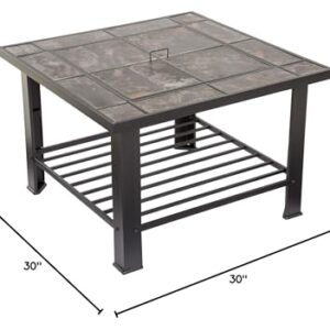 Pure Garden 588189TMQ 30" Fire Set, Wood Burning Pit-Includes Screen, Cover and Log Poker-for Outdoor and Patio, 30 inch Square Marble Tile Firepit, Black