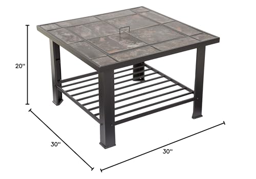 Pure Garden 588189TMQ 30" Fire Set, Wood Burning Pit-Includes Screen, Cover and Log Poker-for Outdoor and Patio, 30 inch Square Marble Tile Firepit, Black