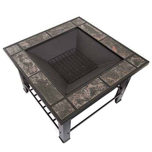 Pure Garden 588189TMQ 30" Fire Set, Wood Burning Pit-Includes Screen, Cover and Log Poker-for Outdoor and Patio, 30 inch Square Marble Tile Firepit, Black