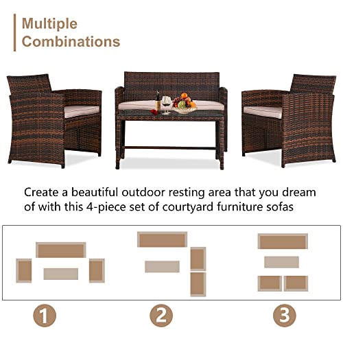 FDW 4 Pieces Outdoor Patio Furniture Sets Rattan Chair Patio Set Wicker Conversation Set Poolside Lawn Chairs Porch Poolside Balcony Outdoor Garden Furniture,Beige Cushion