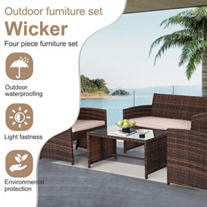 FDW 4 Pieces Outdoor Patio Furniture Sets Rattan Chair Patio Set Wicker Conversation Set Poolside Lawn Chairs Porch Poolside Balcony Outdoor Garden Furniture,Beige Cushion