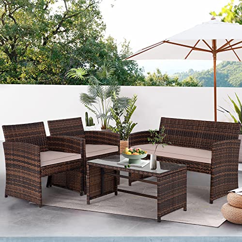 FDW 4 Pieces Outdoor Patio Furniture Sets Rattan Chair Patio Set Wicker Conversation Set Poolside Lawn Chairs Porch Poolside Balcony Outdoor Garden Furniture,Beige Cushion