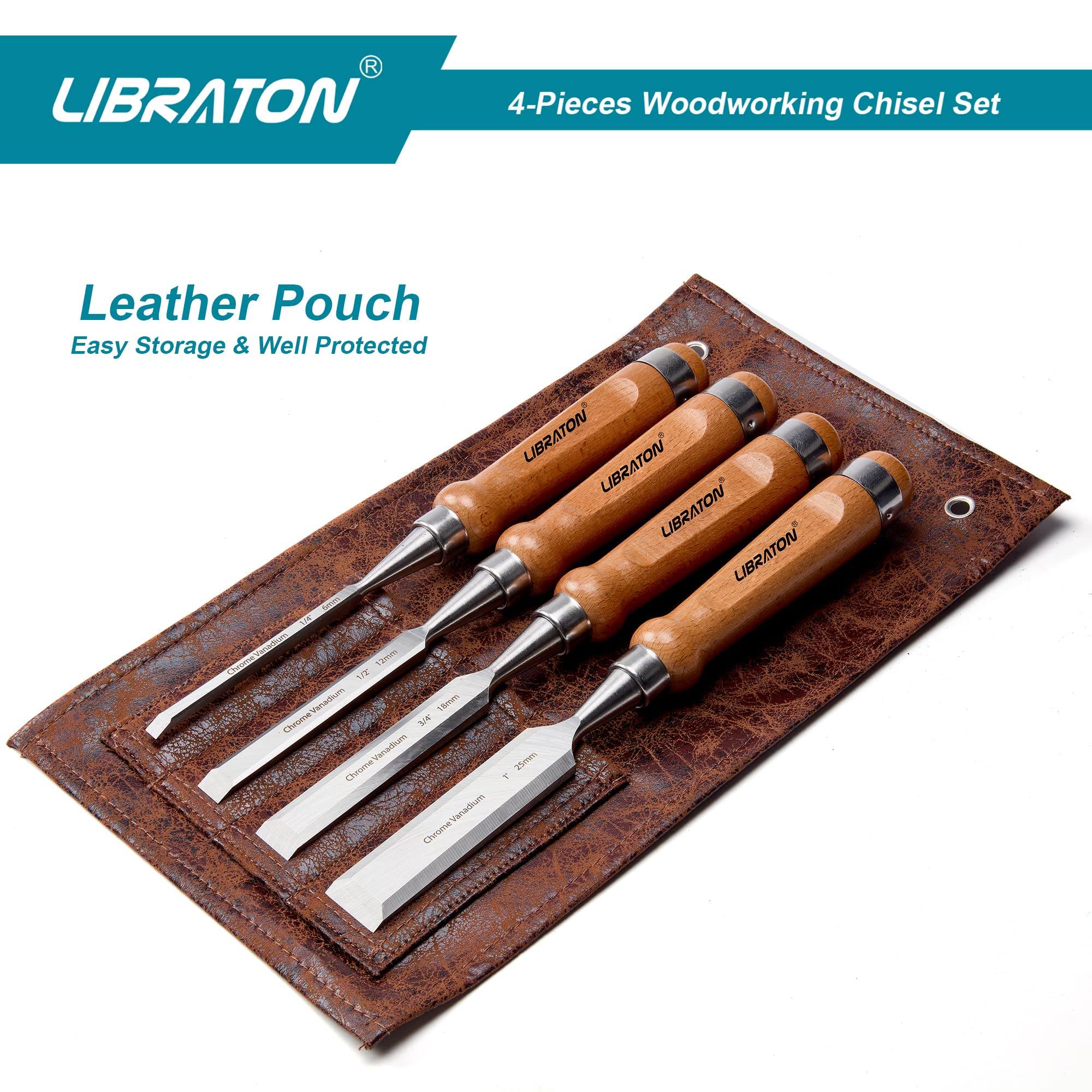 Libraton Woodworking Chisel Set, 4pcs Cr-V Wood Chisels Set, Professional Chisels with Leather Pouch for Carpenter, Christmas Gift for Man