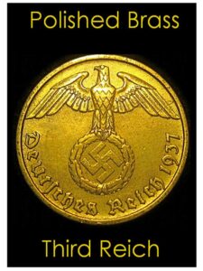 1936 de rare original nazi 5pf coin w swastika in lustrous brass!! buy 2 also get larger 10pf!! 5 pfennigs uncirculated or polished almost uncirculated