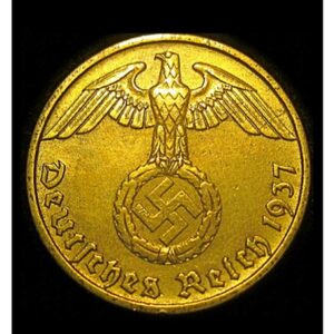 1936 DE RARE ORIGINAL NAZI 5PF COIN w SWASTIKA in LUSTROUS BRASS!! BUY 2 ALSO GET LARGER 10PF!! 5 PFENNIGS Uncirculated or Polished Almost Uncirculated