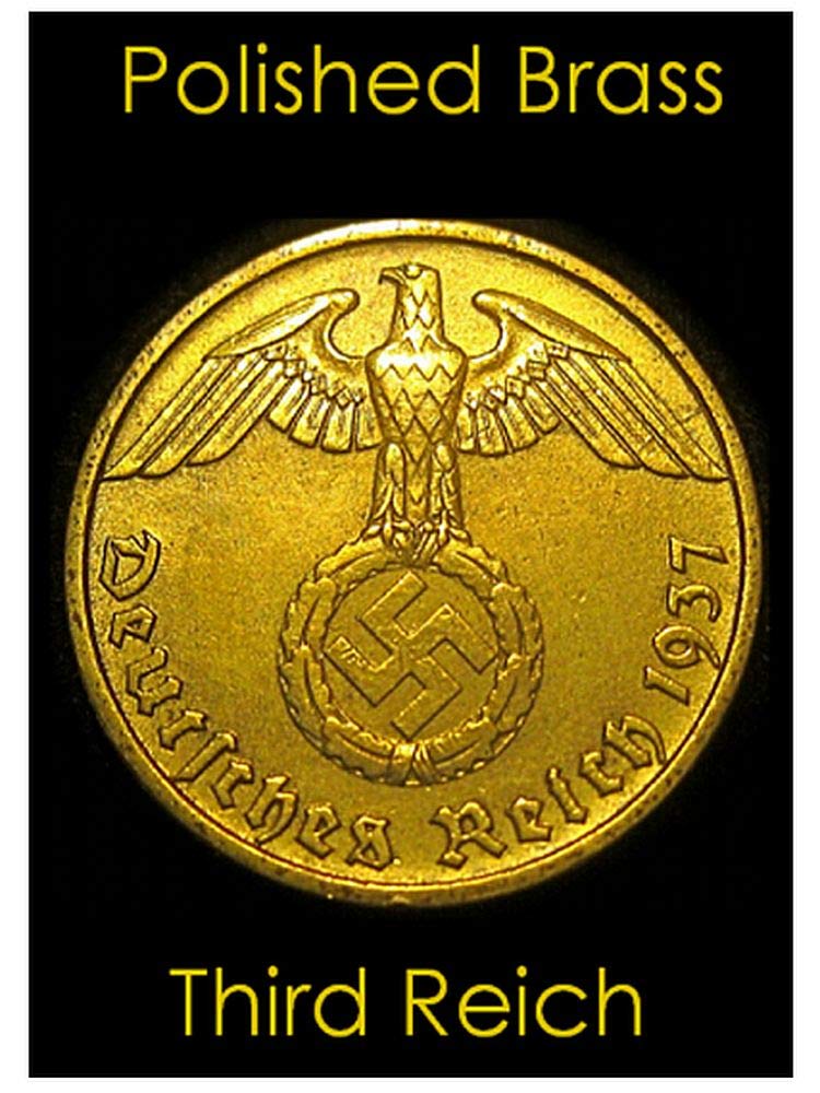 1936 DE RARE ORIGINAL NAZI 5PF COIN w SWASTIKA in LUSTROUS BRASS!! BUY 2 ALSO GET LARGER 10PF!! 5 PFENNIGS Uncirculated or Polished Almost Uncirculated