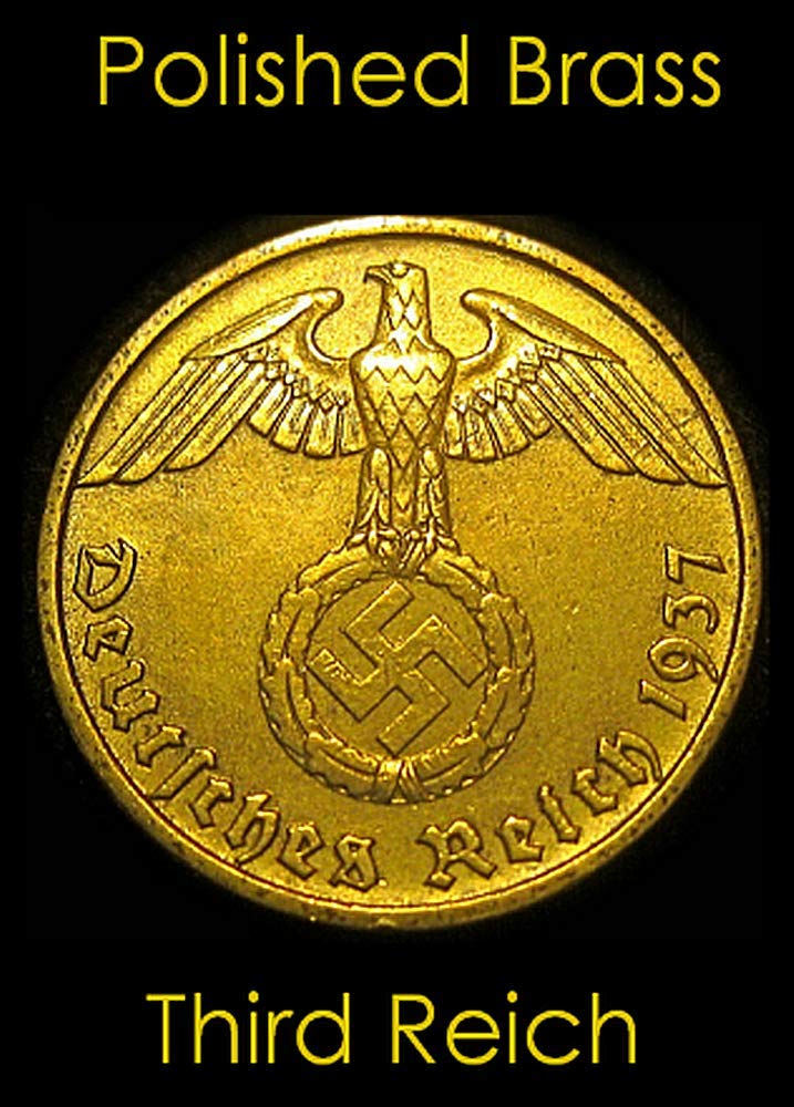 1936 DE RARE ORIGINAL NAZI 5PF COIN w SWASTIKA in LUSTROUS BRASS!! BUY 2 ALSO GET LARGER 10PF!! 5 PFENNIGS Uncirculated or Polished Almost Uncirculated