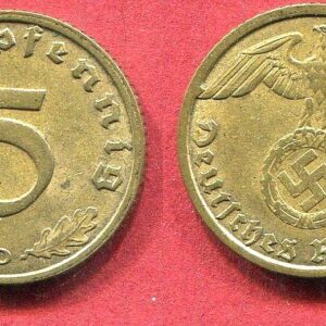 1936 DE RARE ORIGINAL NAZI 5PF COIN w SWASTIKA in LUSTROUS BRASS!! BUY 2 ALSO GET LARGER 10PF!! 5 PFENNIGS Uncirculated or Polished Almost Uncirculated