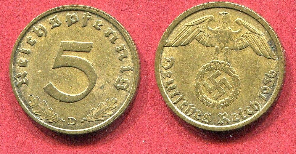 1936 DE RARE ORIGINAL NAZI 5PF COIN w SWASTIKA in LUSTROUS BRASS!! BUY 2 ALSO GET LARGER 10PF!! 5 PFENNIGS Uncirculated or Polished Almost Uncirculated