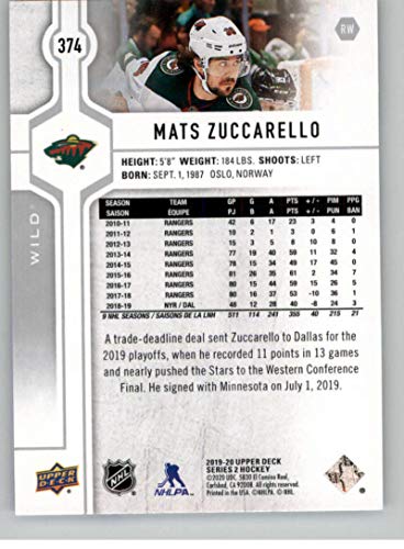 2019-20 Upper Deck Hockey #374 Mats Zuccarello Minnesota Wild Official Series Two Trading Card From UD