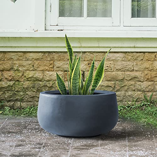 Kante 15.7" Dia Round Concrete Planter, Outdoor Indoor Garden Plant Pots with Drainage Hole and Rubber Plug, Modern Curvaceous Design, Charcoal